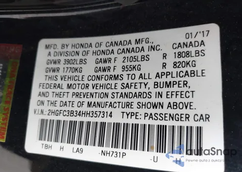 2017 Honda Civic Ex-T из США, поврежденный, VIN 2HGFC3B34HH357314